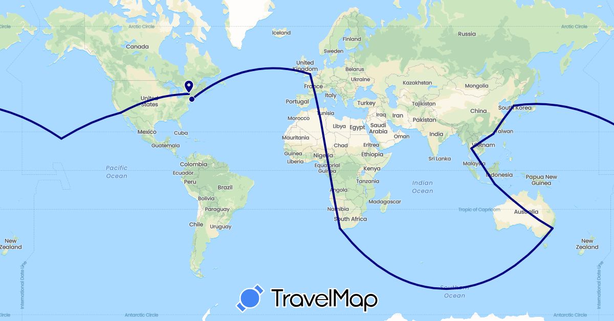 TravelMap itinerary: driving in Australia, China, United Kingdom, Indonesia, South Korea, Thailand, United States, South Africa (Africa, Asia, Europe, North America, Oceania)
